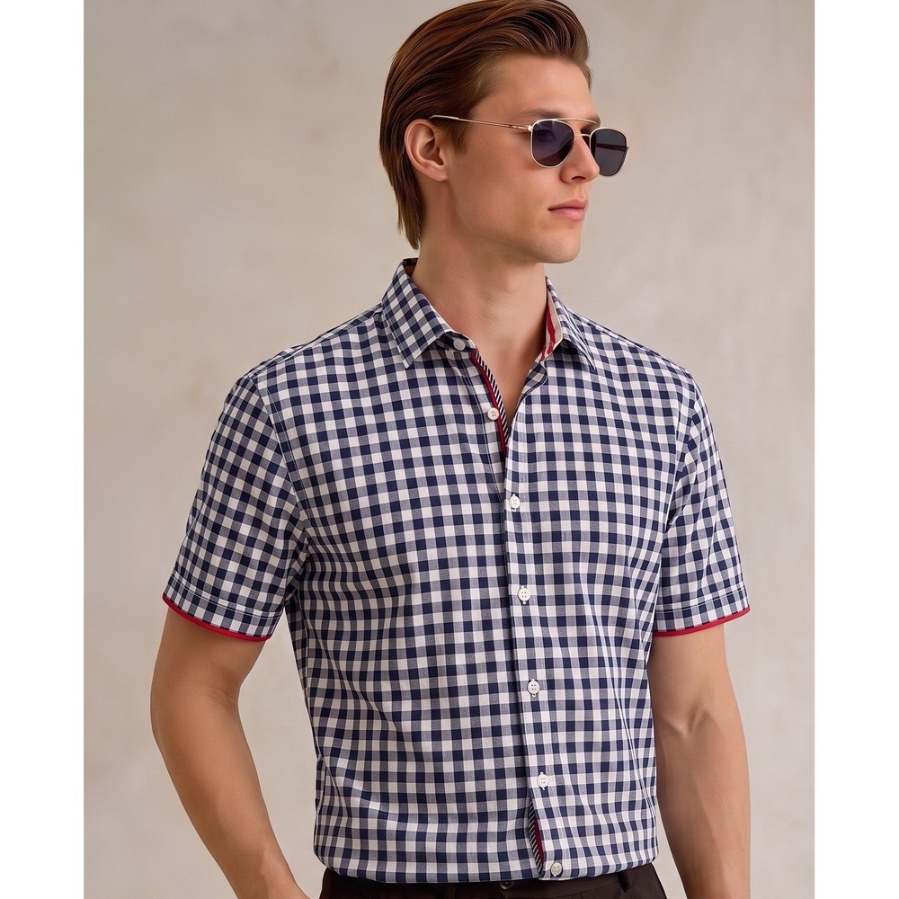 Robert Graham Short Sleeve Gingham Button Down Shirt L Navy White Tailored Fit